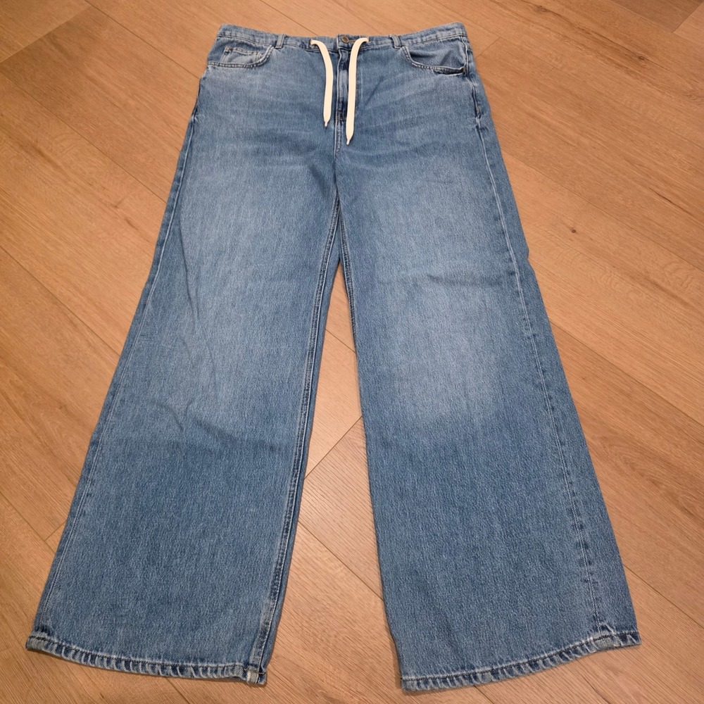 Zara Women Light Wash Wide Leg Drawstring Denim Jeans Size 10 High Rise Blue